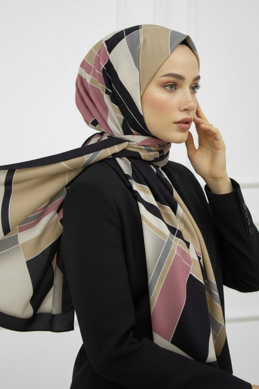 KREP GEOMETRİK DESENLİ PUDRA RENKLİ 75X195 KIRIŞMAZ ŞAL