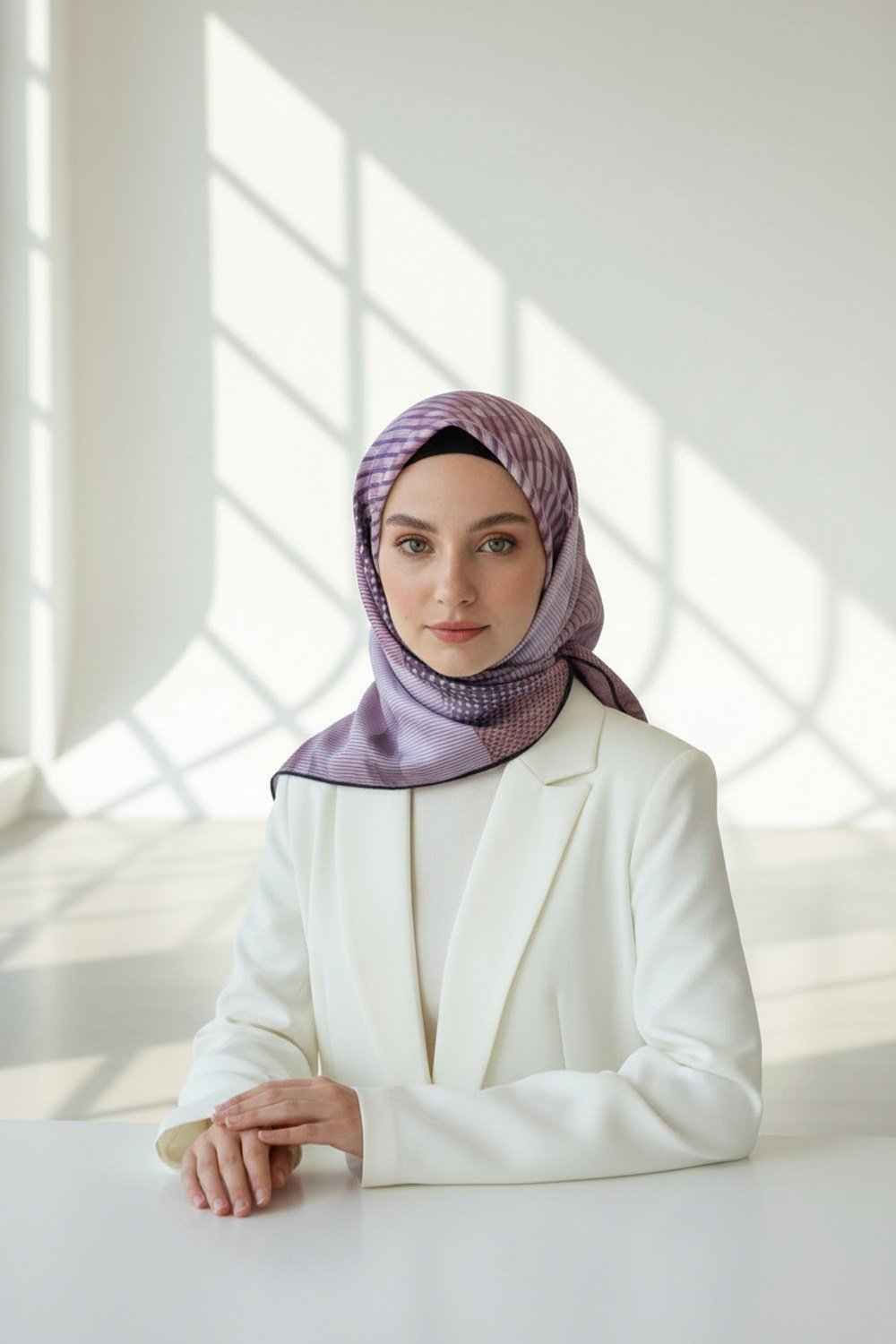 Twill Geometrik Desenli Lila Renkli 90x90 Eşarp (İpek İçermez) Kenar Dikiş Şekli El Dikişli