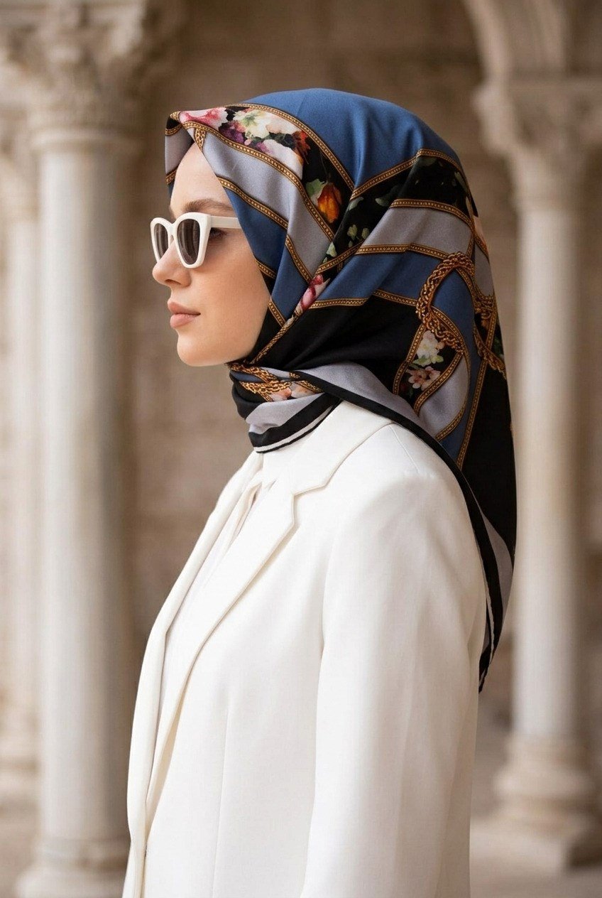%100 Twill İpek Şeritleri Kemerli Ve Çiçek Desenli İndigo - Gri Renkli 90x90 Eşarp Dikim Şekli : El Dikişi