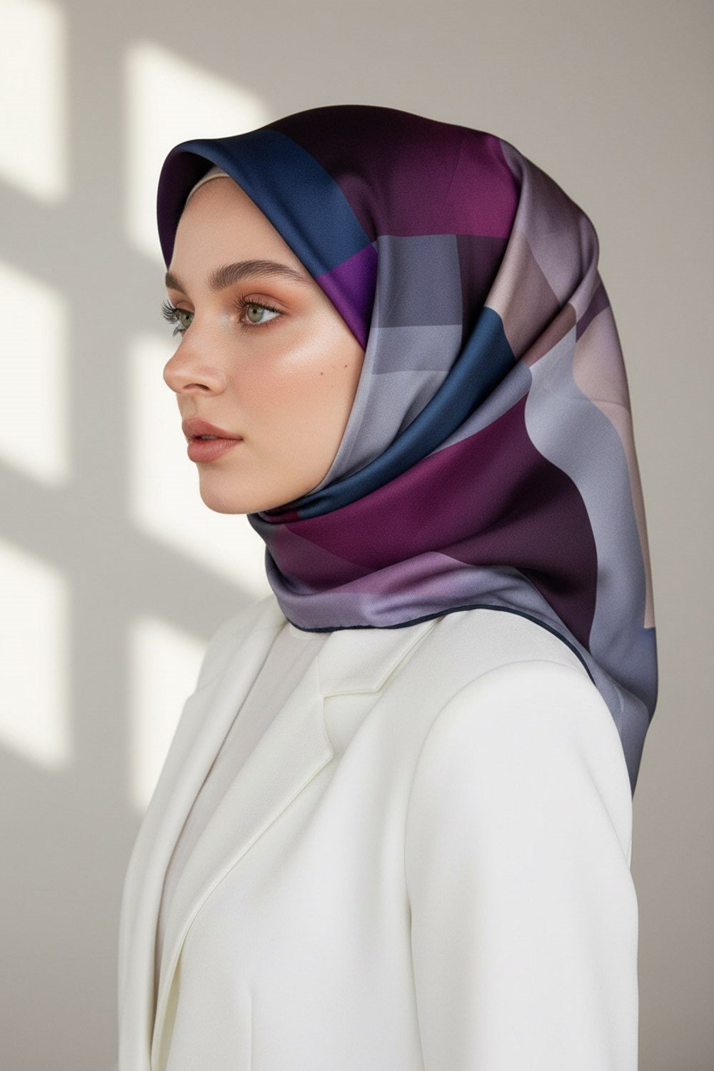 %100 Twill İpek Geometrik Desenli Mürdüm - İndigo Renkli 90x90 Eşarp Dikim Şekli : El Dikişi