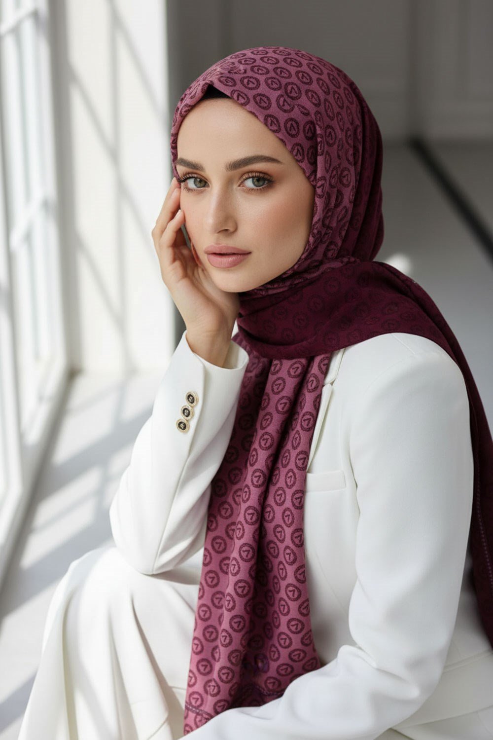 KREP MONOGRAM DESENLİ PUDRA RENKLİ 75X195 KIRIŞMAZ ŞAL
