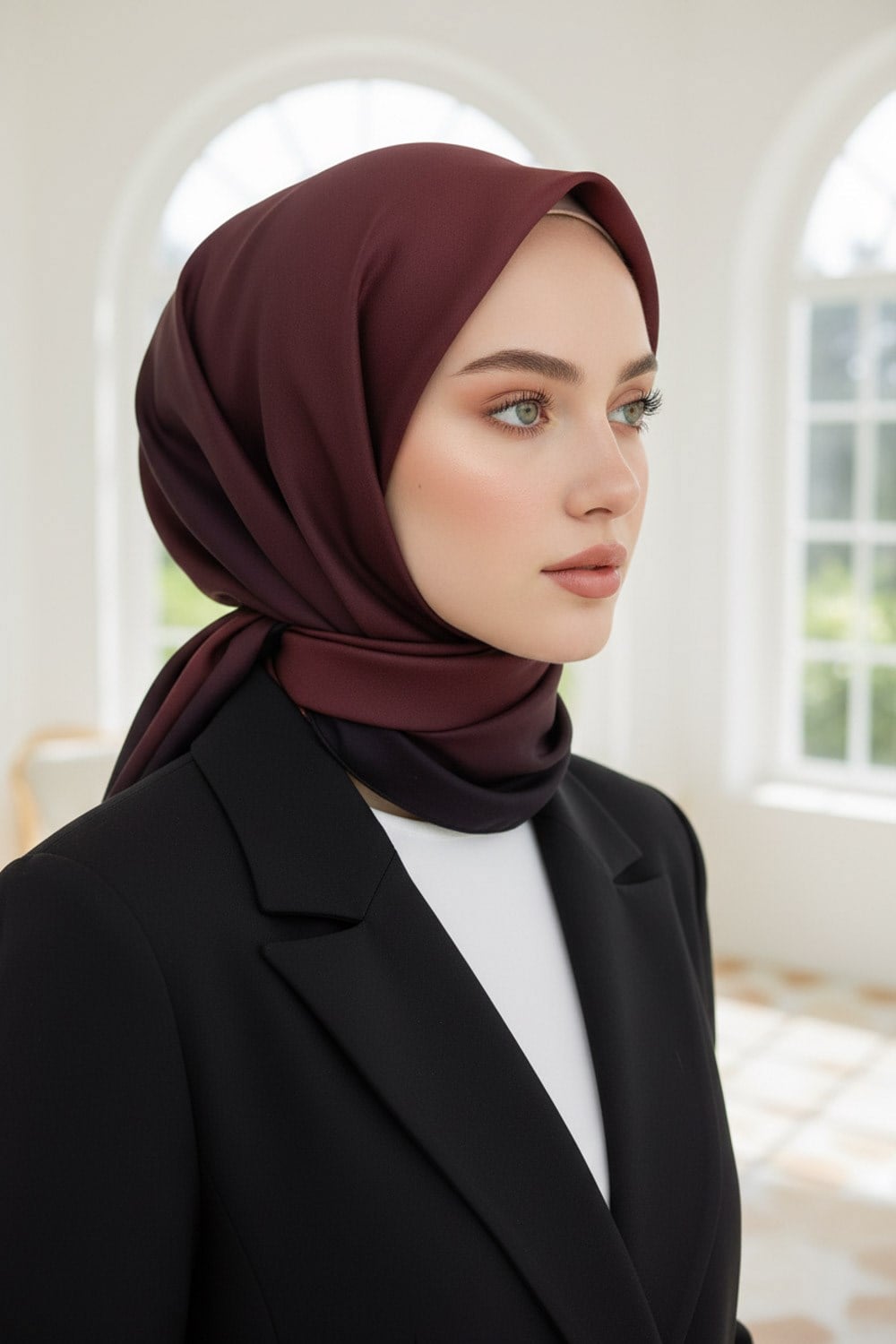 %100 Twill İpek Degrade Desenli Bordo Renkli 90x90 Eşarp Dikim Şekli : El Dikişi