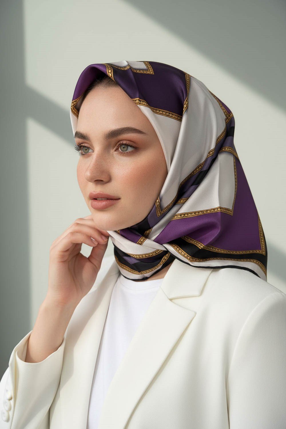 %100 Twill İpek Geometrik Desenli Leylak - Mor Renkli 90x90 Eşarp Dikim Şekli : El Dikişi