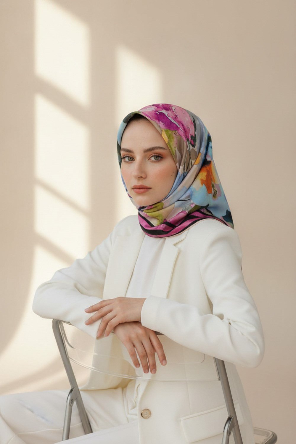 % 57 İPEK % 43 VİSKON Twill İpek Sulu Boyalı Çiçek Desenli Pembe - Bebe Mavisi Renkli 90x90 Eşarp Dikim Şekli : El Dikişi