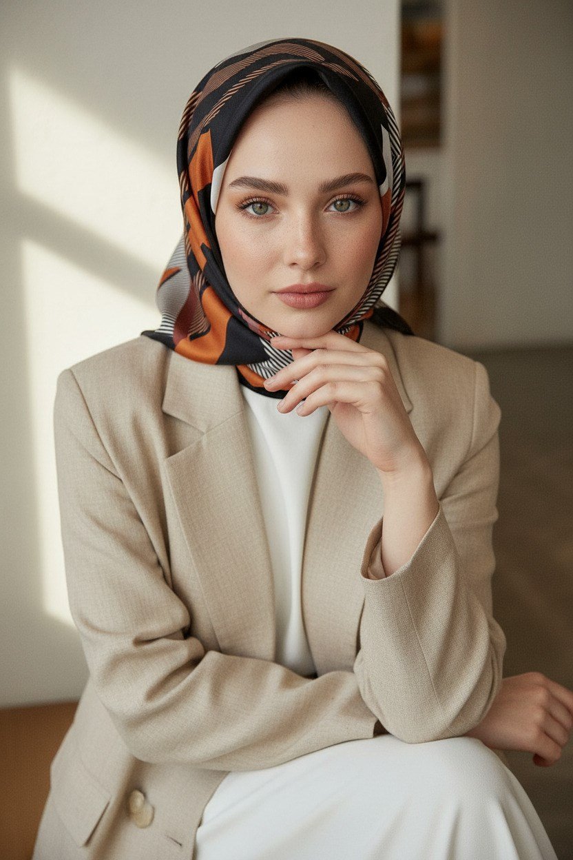 % 57 İPEK % 43 VİSKON Twill İpek Geometrik Desenli Taba - Siyah Renkli 90x90 Eşarp Dikim Şekli : El Dikişi