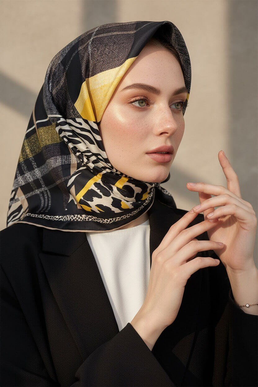 %100 Twill İpek Ekoseli Ve Leopar Desenli Siyah - Gold Renkli 90x90 Eşarp Dikim Şekli : El Dikişi