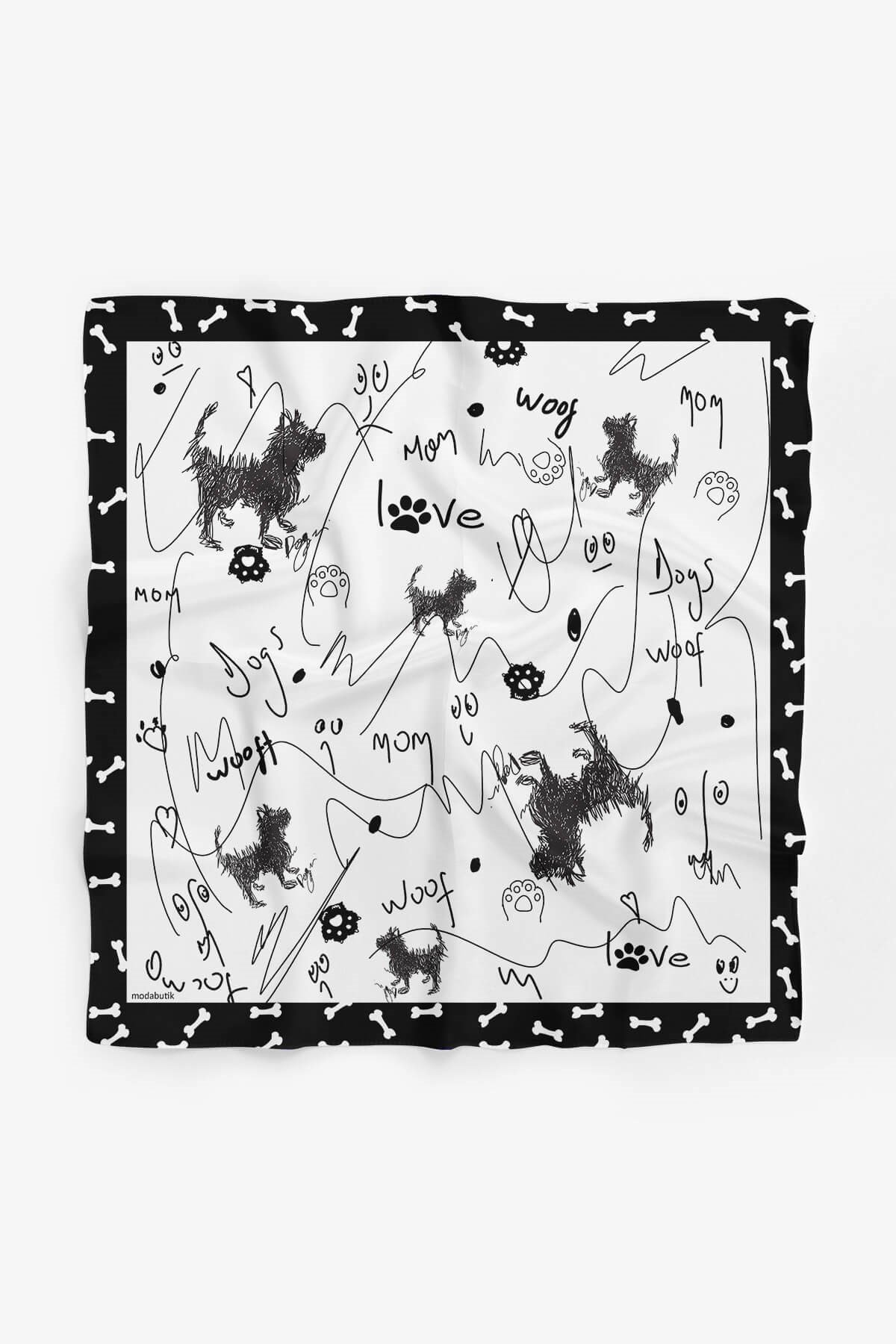 Violla B104 Kara Kalem Desenli 45x45 Siyah Beyaz Köpek Bandanası DG5464