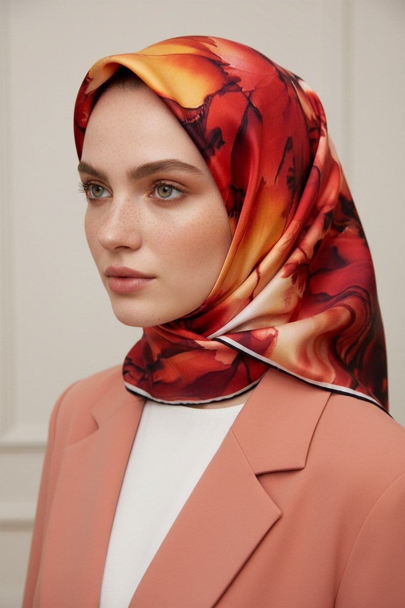 %100 Twill İpek Batik Çiçek Desenli Hardal - Kırmızı Renkli 90x90 Eşarp Kenar Dikiş Şekli El Dikişli