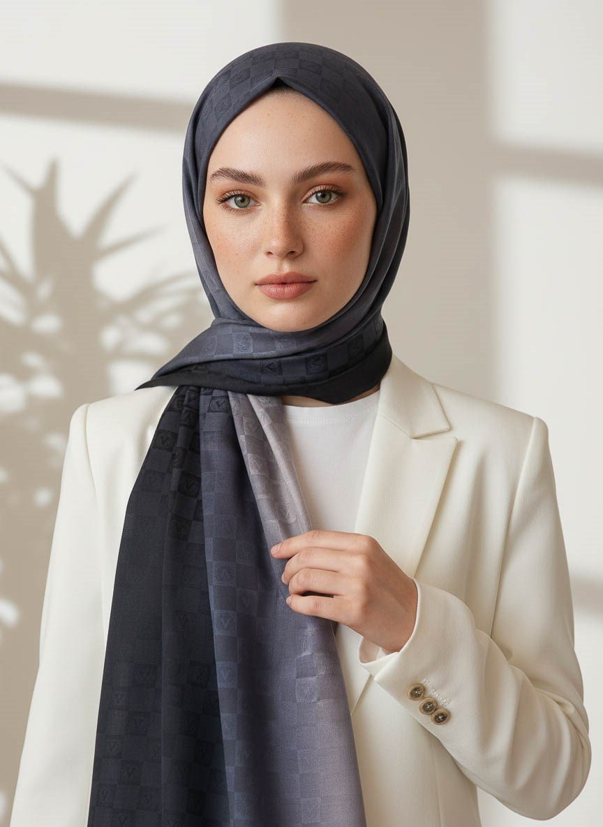 Vissona %57 İPEK %43 PAMUK Degrade Desenli Krem - Lacivert Renkli Şal -  70x190 Dikiş Tipi İtalyan Dikişli