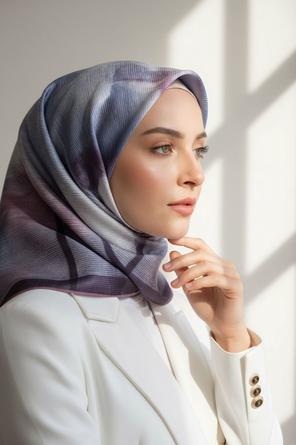 %100 Twill İpek Yaprak Desenli Pudra - Bebe Mavisi Renkli 90x90 Eşarp Dikim Şekli : El Dikişi