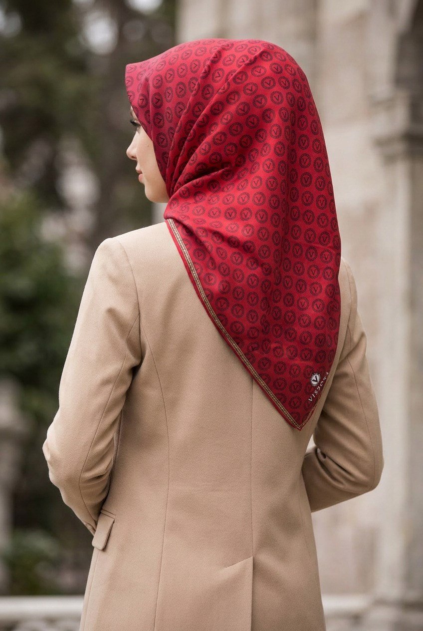 % 57 İPEK % 43 VİSKON Twill İpek Monogram Desenli Kırmızı Renkli 90x90 Eşarp Dikim Şekli : El Dikişi