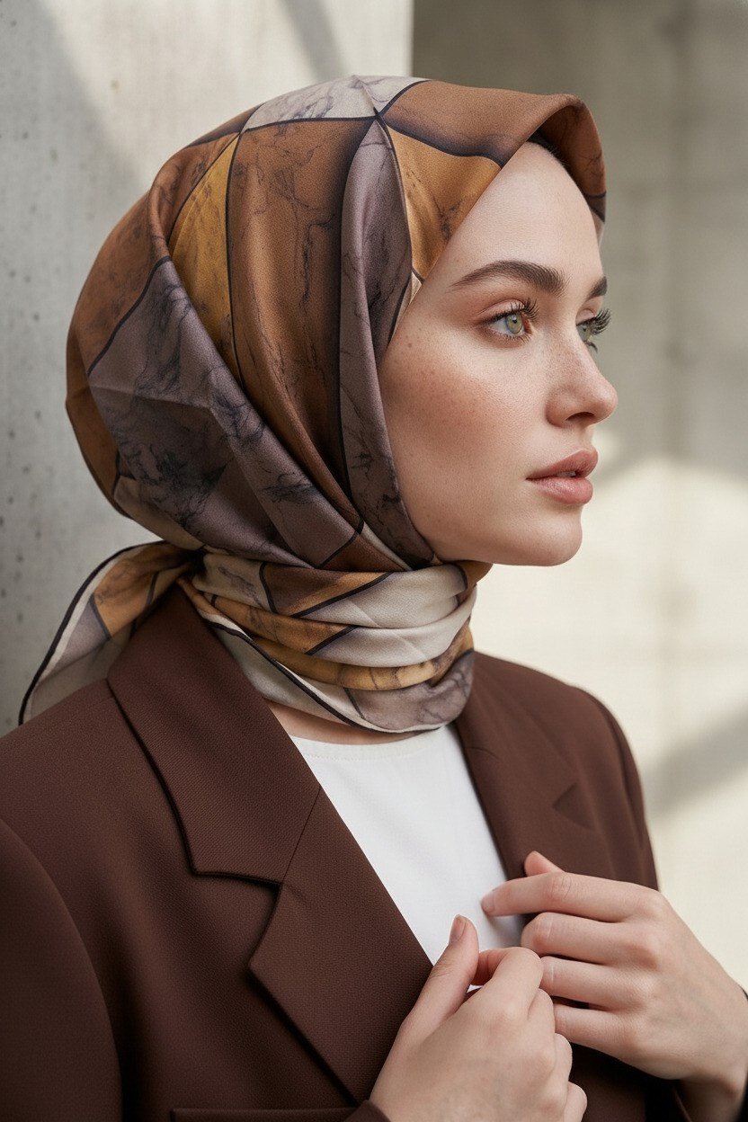 %100 Twill İpek Mermer Desenli Hardal - Bej Renkli 90x90 Eşarp Dikim Şekli : El Dikişi