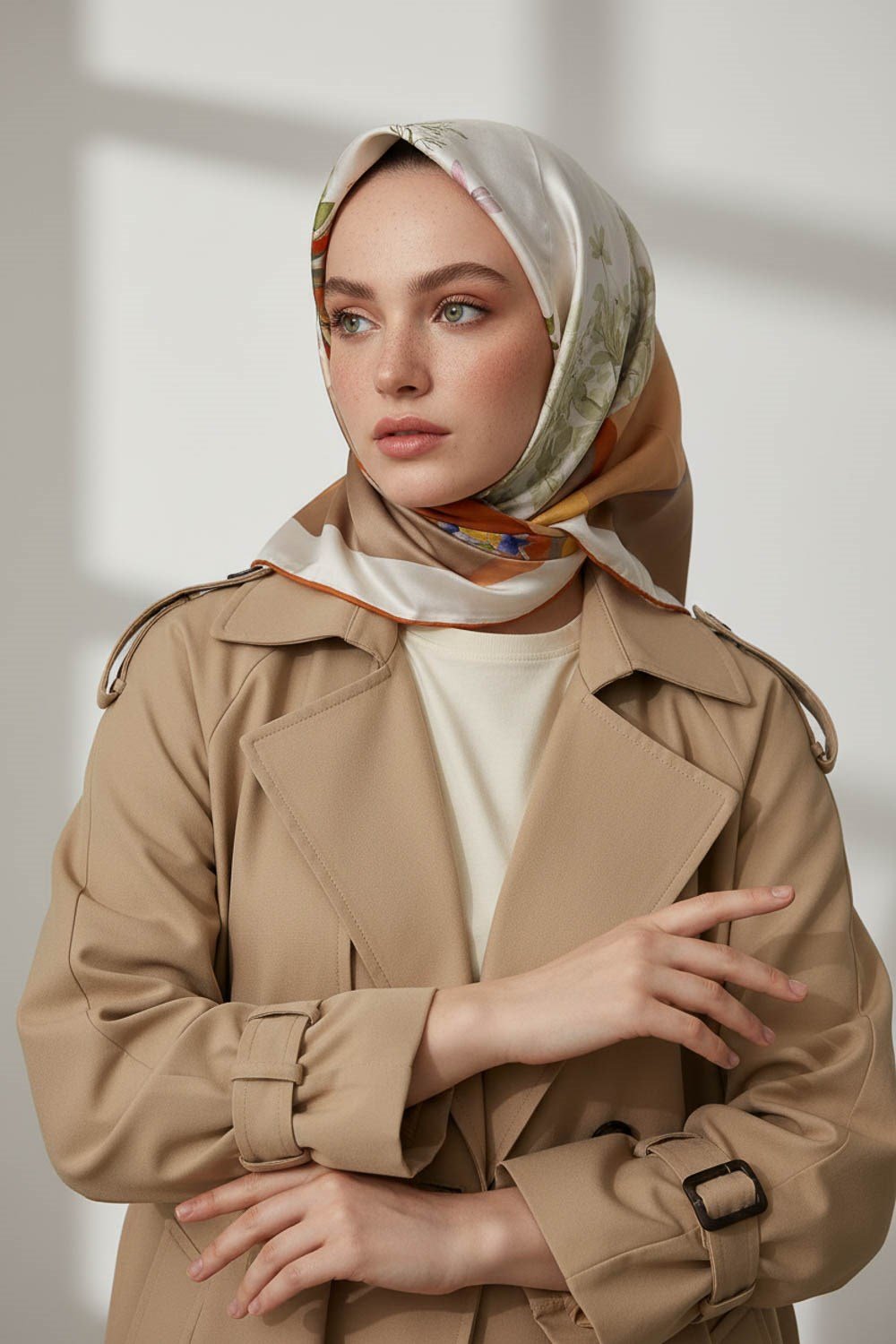 %100 Twill İpek Kareli Ve Çıtır Çiçek Desenli Taba - Gold Renkli 90x90 Eşarp Dikim Şekli : El Dikişi