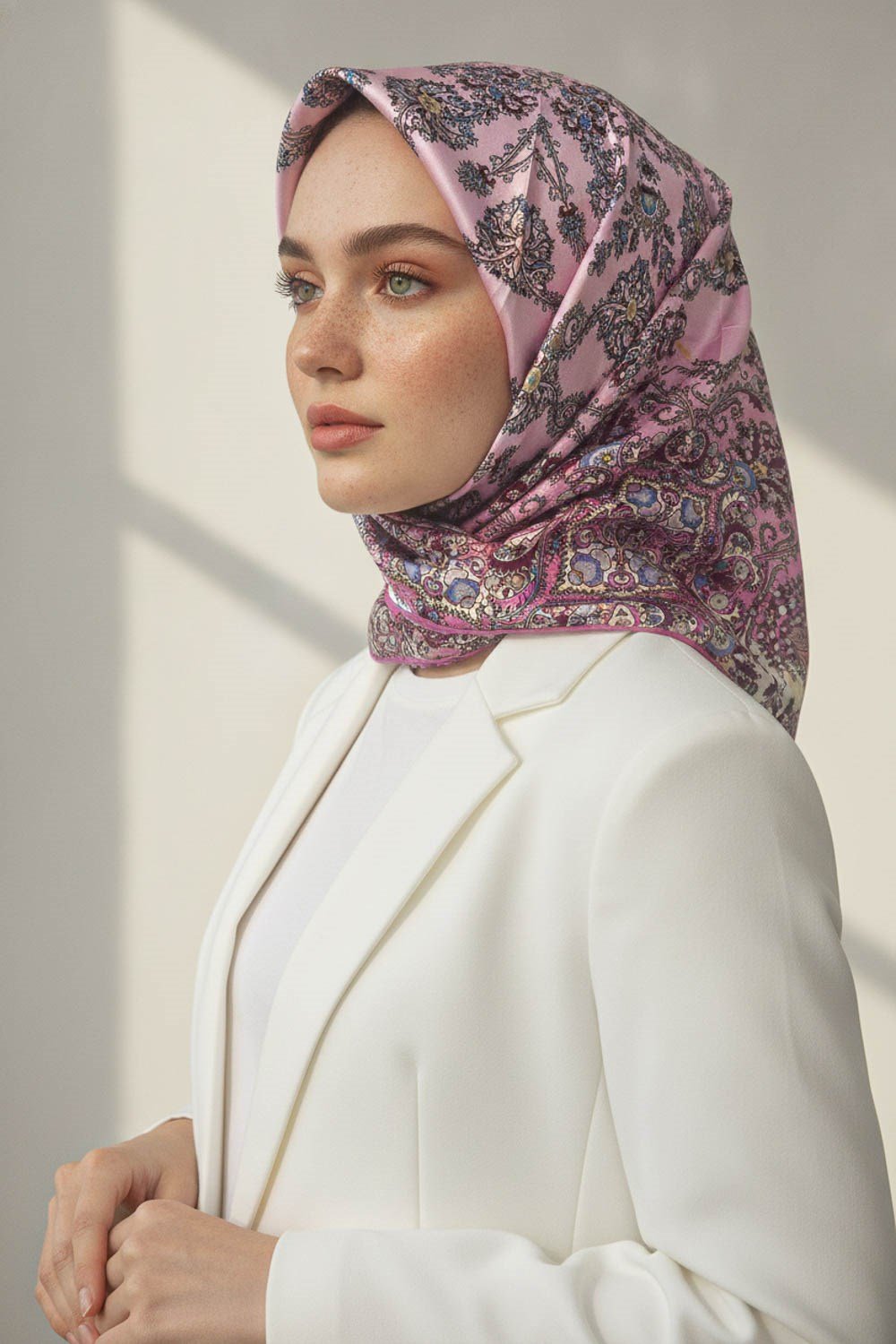 %100 Twill İpek Şal Desenli Pembe Renkli 90x90 Eşarp Dikim Şekli : El Dikişi