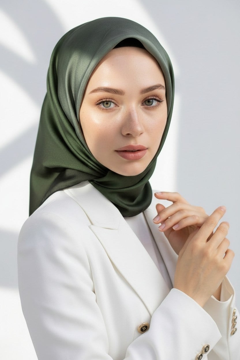 %100 Twill İpek Degrade Desenli Haki Renkli 90x90 Eşarp Dikim Şekli : El Dikişi