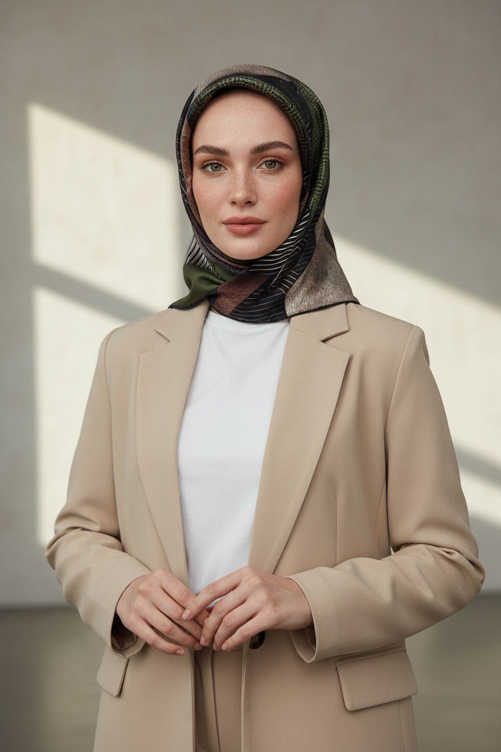 %100 Twill İpek Dokulu ve Geometrik Desenli Haki - Vizon Yeşili Renkli 90x90 Eşarp Dikim Şekli : El Dikişi