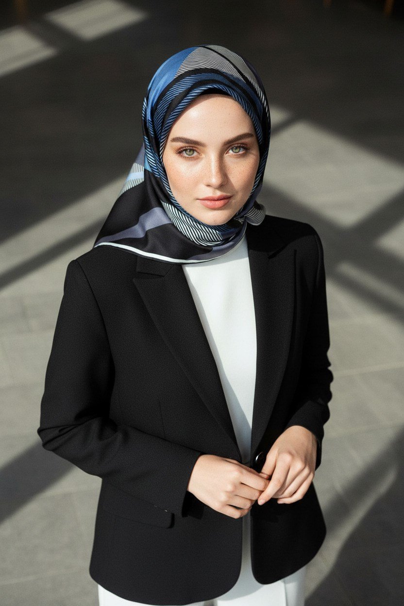 %100 Twill İpek Geometrik Desenli İndigo - Siyah Renkli 90x90 Eşarp Dikim Şekli : El Dikişi