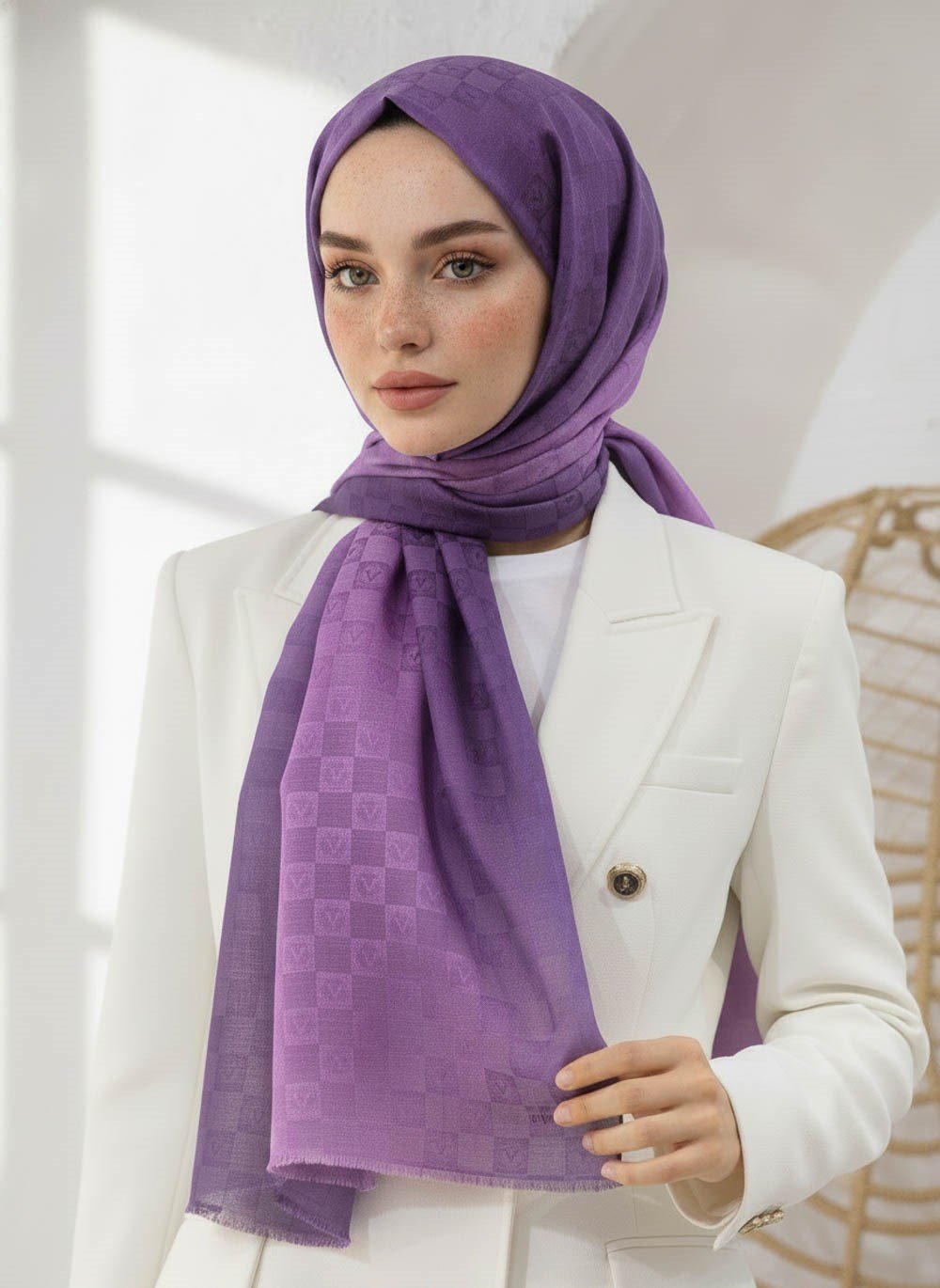 Vissona %57 İPEK %43 PAMUK Degrade Desenli Lila Renkli Şal -  70x190 Dikiş Tipi İtalyan Dikişli