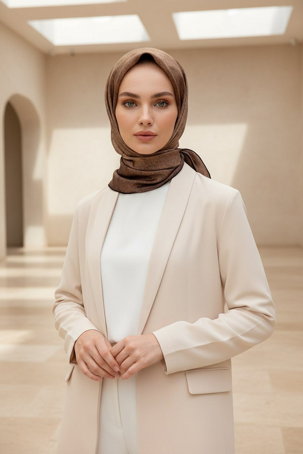 %100 Twill İpek Doku Desenli Vizon Renkli 90x90 Eşarp Dikim Şekli : El Dikişi