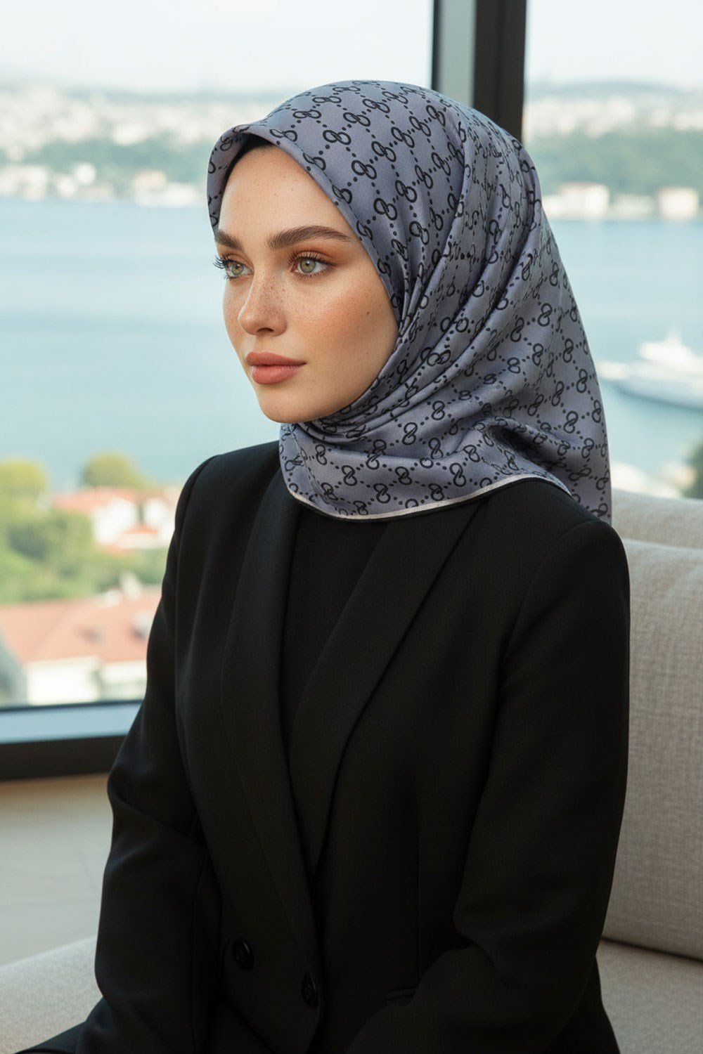%57 İPEK %43 VİSKON Twill İpek Leopar Desenli Siyah - Gri Renkli 90x90 Eşarp Dikim Şekli : El Dikişi