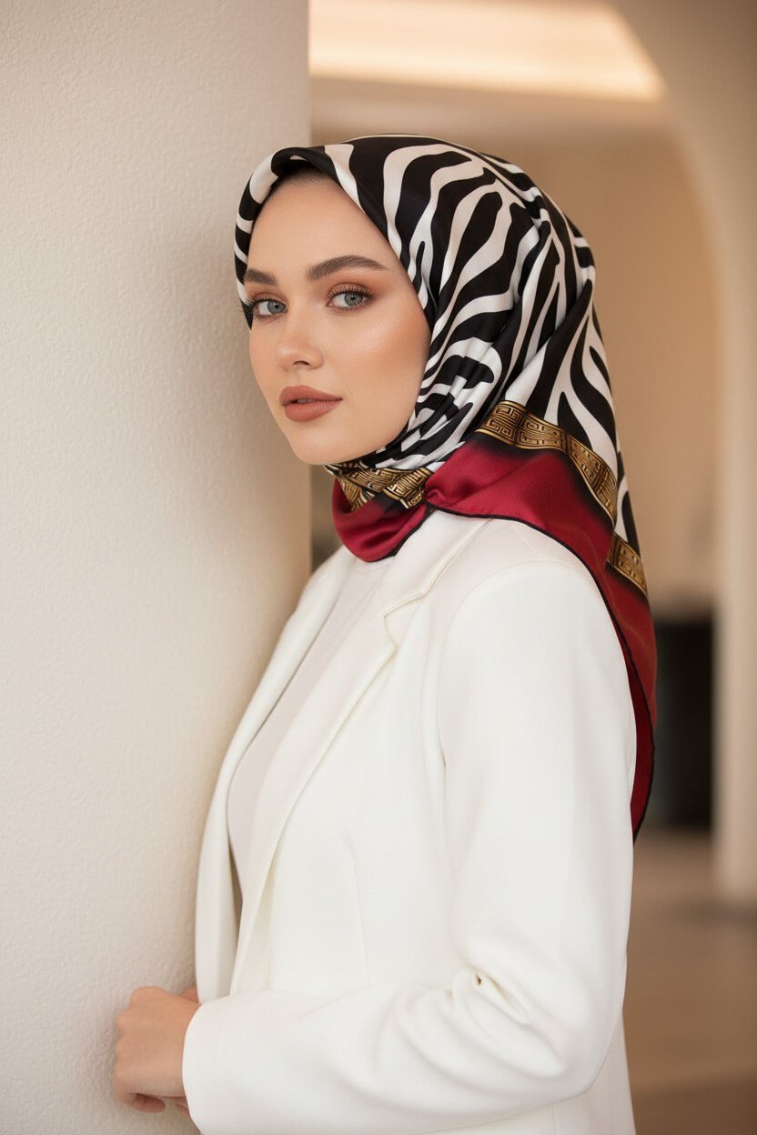 % 57 İPEK % 43 VİSKON Twill İpek Zebra Desenli Bordo - Gold Renkli 90x90 Eşarp Dikim Şekli : El Dikişi
