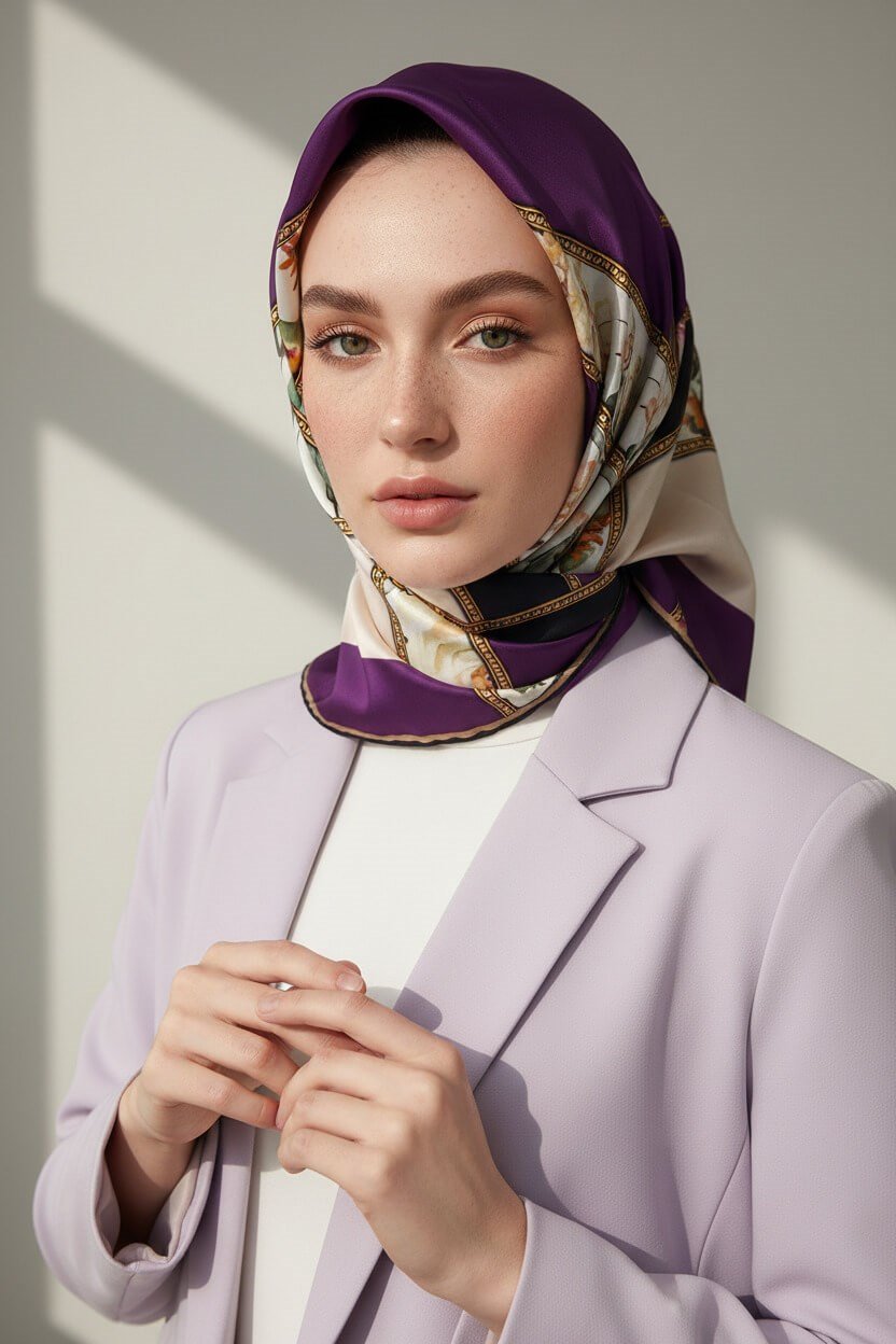 100% Twill İpek Şeritli Çiçek Desenli Krem - Mürdüm Renkli 90x90 Dikim Şekli : El Dikişi Eşarp