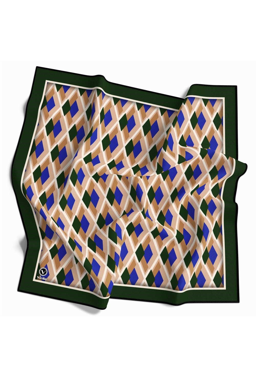 Kristal Geometrik Desenli Zümrüt Yeşili - Saks Renkli 90x90 Eşarp (İpek İçermez) Dikim Şekli : El Dikişi