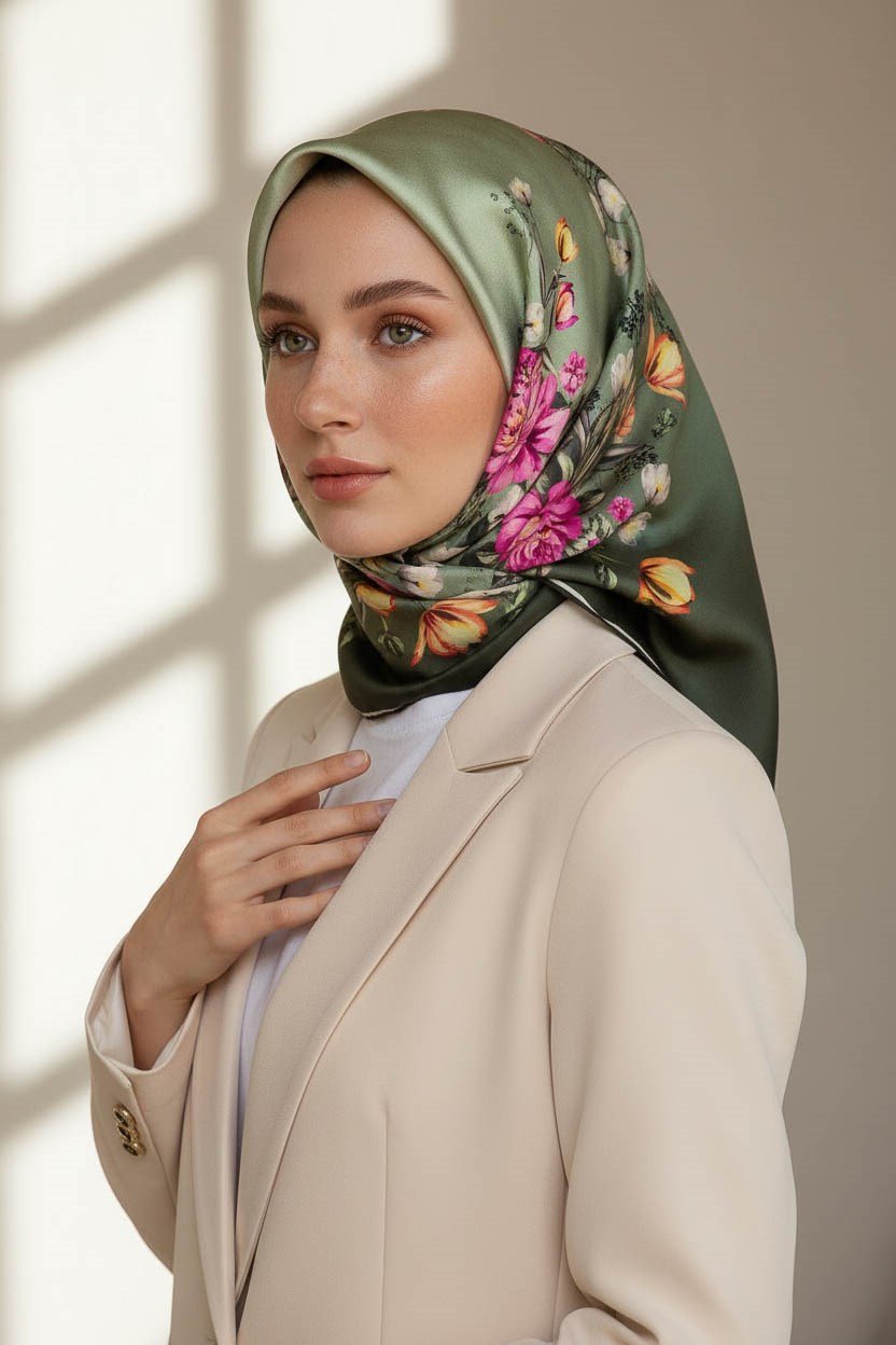 %100 Twill İpek Sonsuz Çiçek Desenli Haki Renkli 90x90 Eşarp Dikim Şekli : El Dikişi