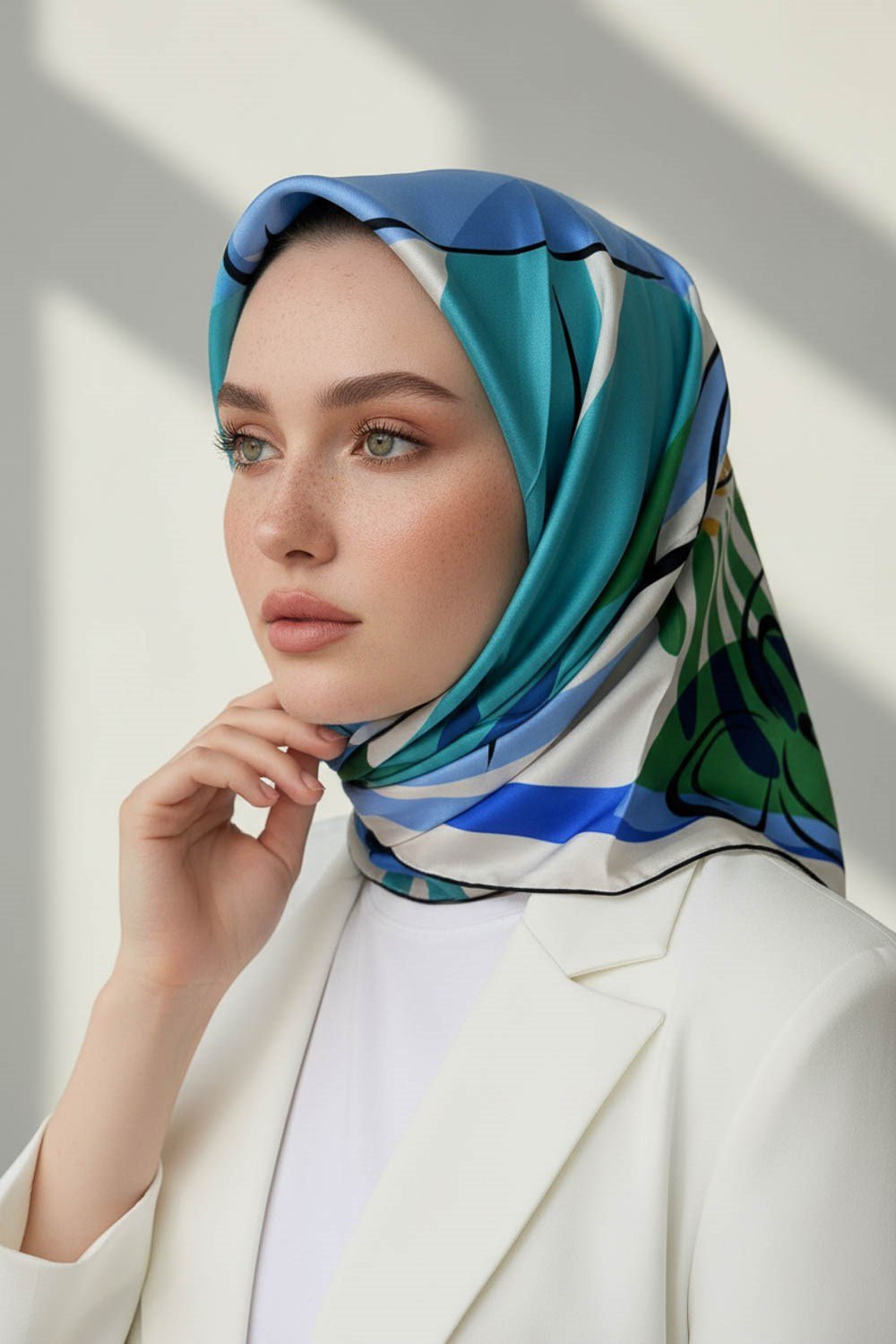 %100 Twill İpek Çiçek Desenli Saks - Zümrüt Yeşili Renkli 90x90 Eşarp Dikim Şekli : El Dikişi