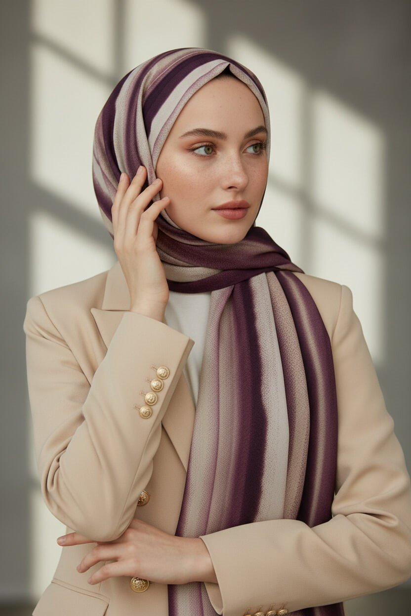 KREP SULU BOYA ÇİZGİLİ DESENLİ BORDO RENKLİ 75X195 KIRIŞMAZ ŞAL