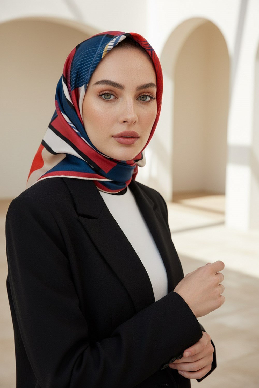 %100 Twill İpek Geometrik Desenli Kırmızı- Lacivert Renkli 90x90 Eşarp Dikim Şekli : El Dikişi