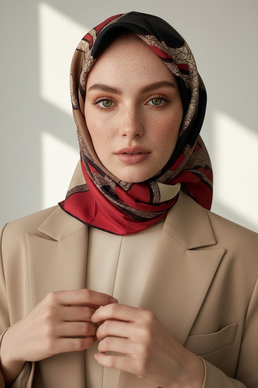 % 57 İPEK % 43 VİSKON Twill İpek Gold Efektli Geometrik Desenli Bordo - Siyah Renkli 90x90 Eşarp Dikim Şekli : El Dikişi