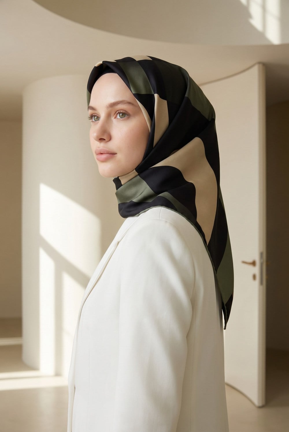 %100 Twill İpek Geometrik Desenli Haki Renkli 90x90 Eşarp Dikim Şekli : El Dikişi