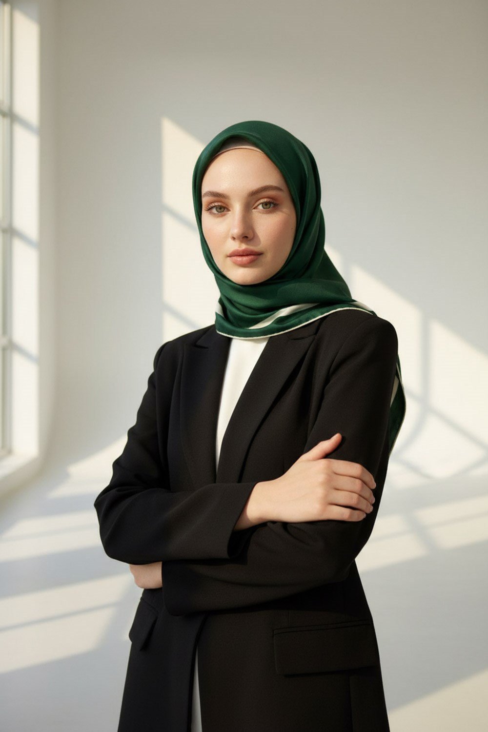 100% Twill İpek Düz Renk Bordür Zümrüt Yeşili - Krem Renkli Daha Tok Exclusive Serisi 90x90 Dikim Şekli : El Dikişi Eşarp