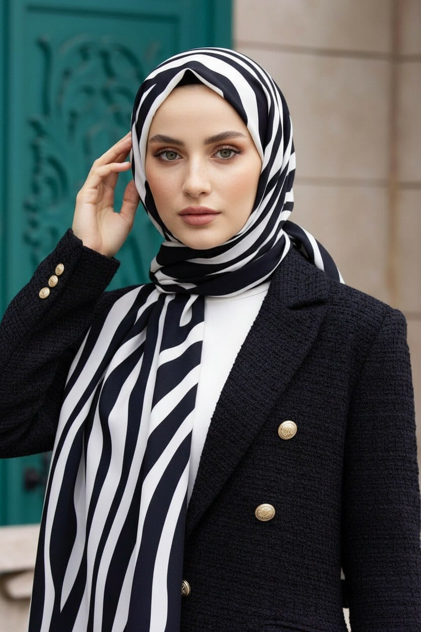 Krep Şal 75x190 Zebra Desenli Siyah Beyaz Kırışmaz Kadın Şal
