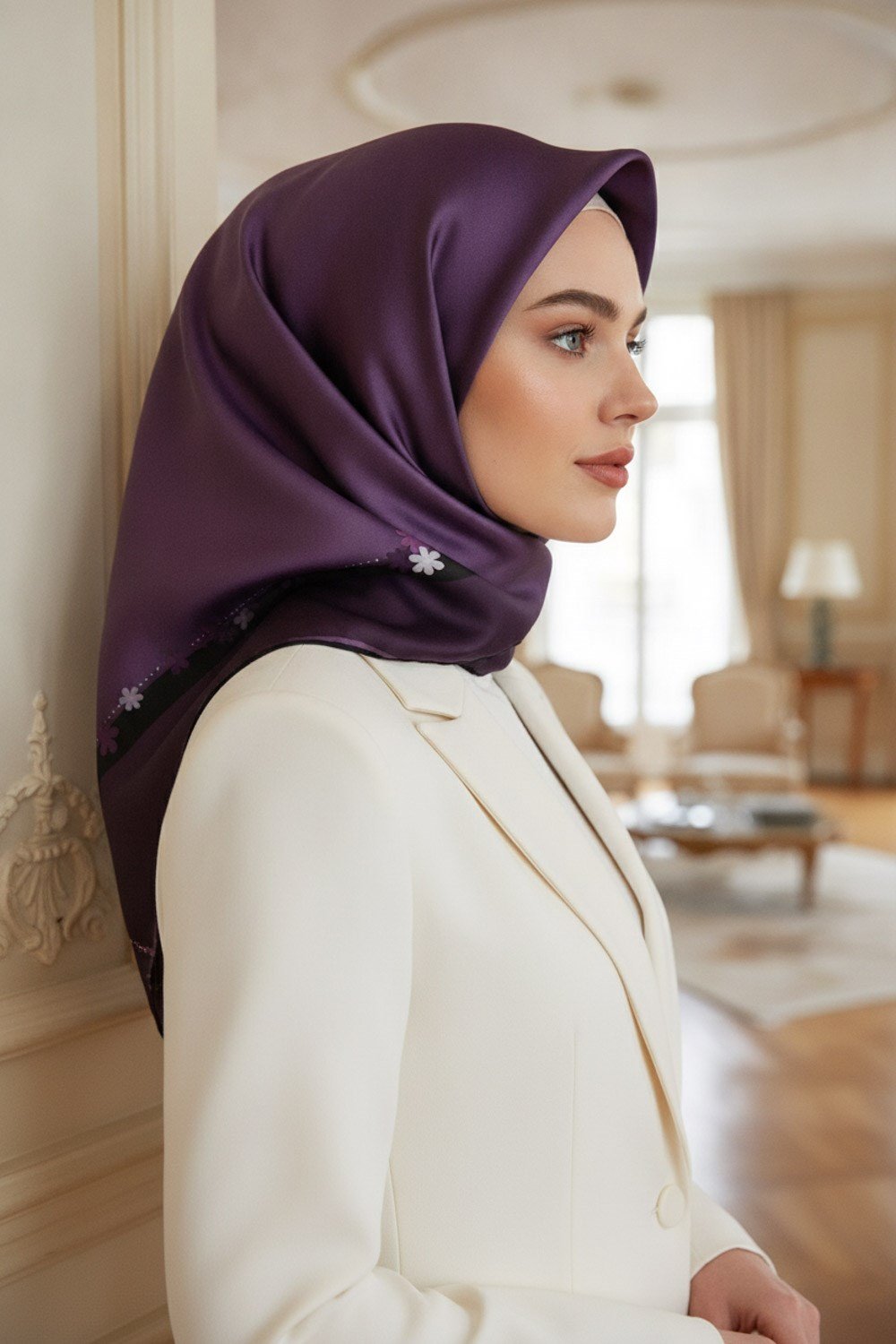 %100 Twill İpek Kenar Motifi Çiçek Desenli Mürdüm - Siyah Renkli 90x90 Eşarp Dikim Şekli : El Dikişi