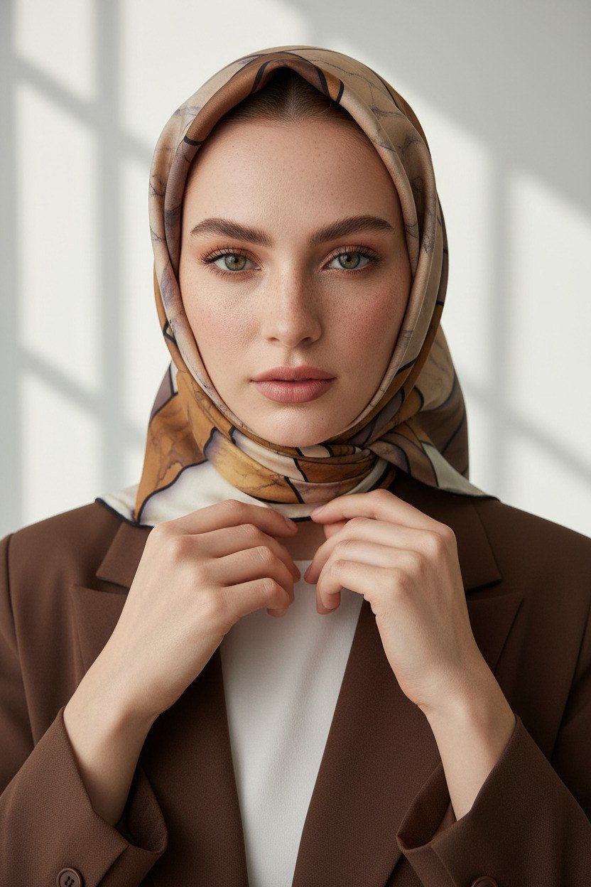 %100 Twill İpek Mermer Desenli Hardal - Bej Renkli 90x90 Eşarp Dikim Şekli : El Dikişi