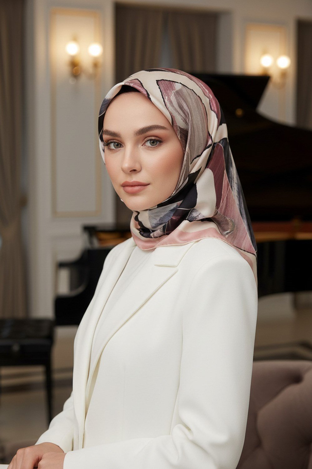 %100 Twill İpek Geometrik Desenli Pudra - Gri Renkli 90x90 Eşarp Dikim Şekli : El Dikişi