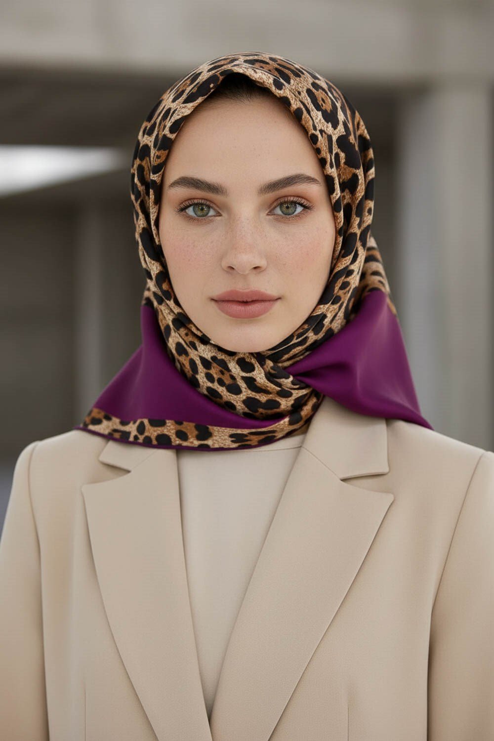 %100 Twill İpek Leopar Desenli Mürdüm Renkli 90x90 Eşarp Dikim Şekli : El Dikişi