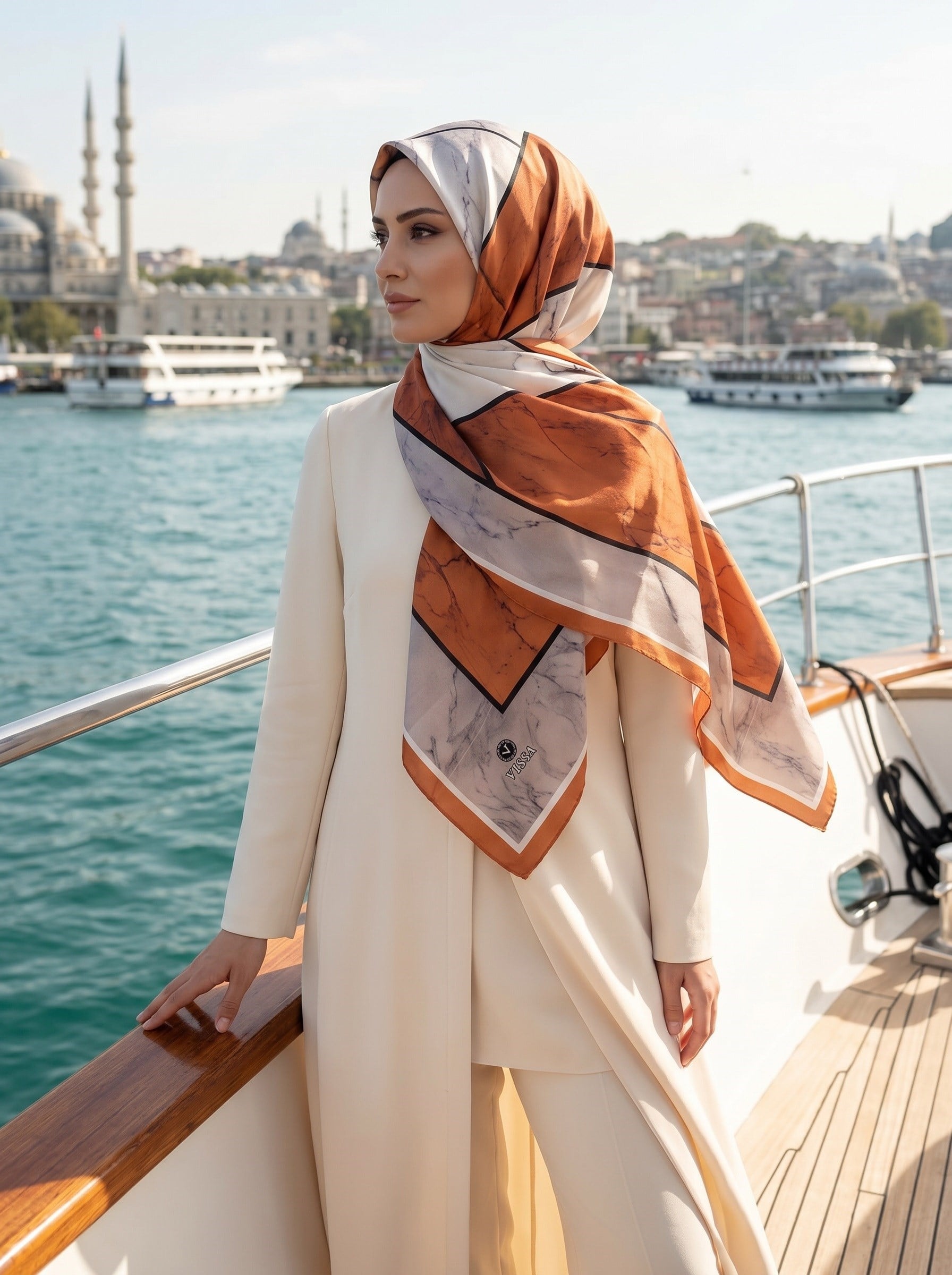 %100 Saf İpek Şal İnce Saten Vual Dokuma Mermer Desenli Taba - Bej Renkli 90x210 Şal