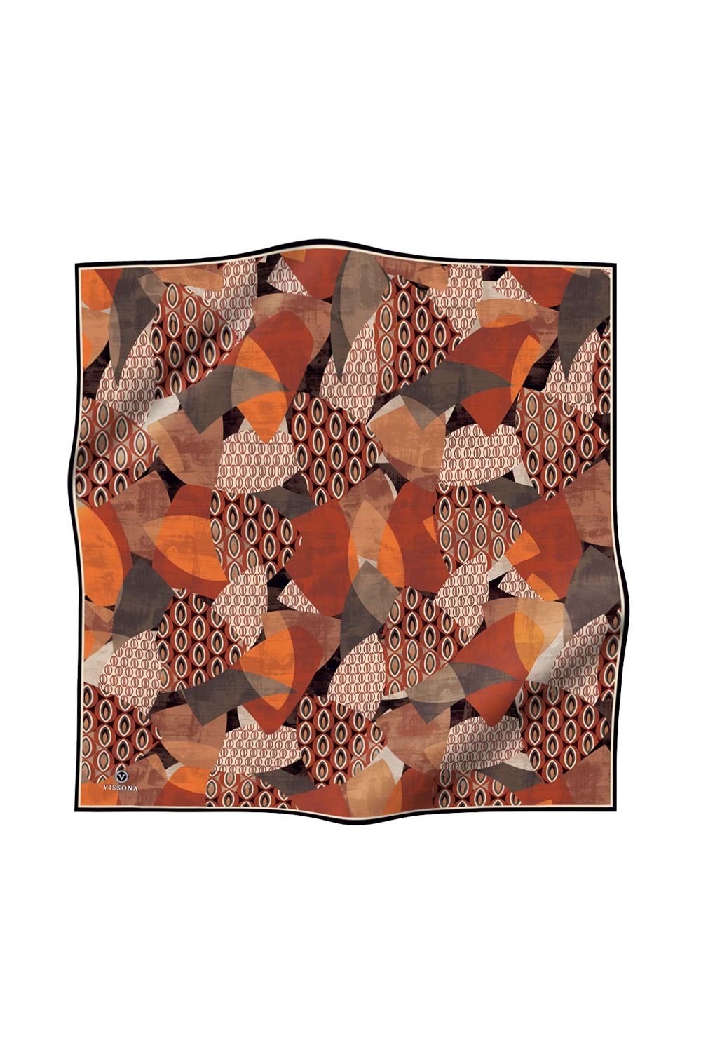 %100 Twill İpek Geometrik Desenli Kahverengi - Taba Renkli 90x90 Eşarp Eşarp Kenar Dikiş Şekli El Dikişli