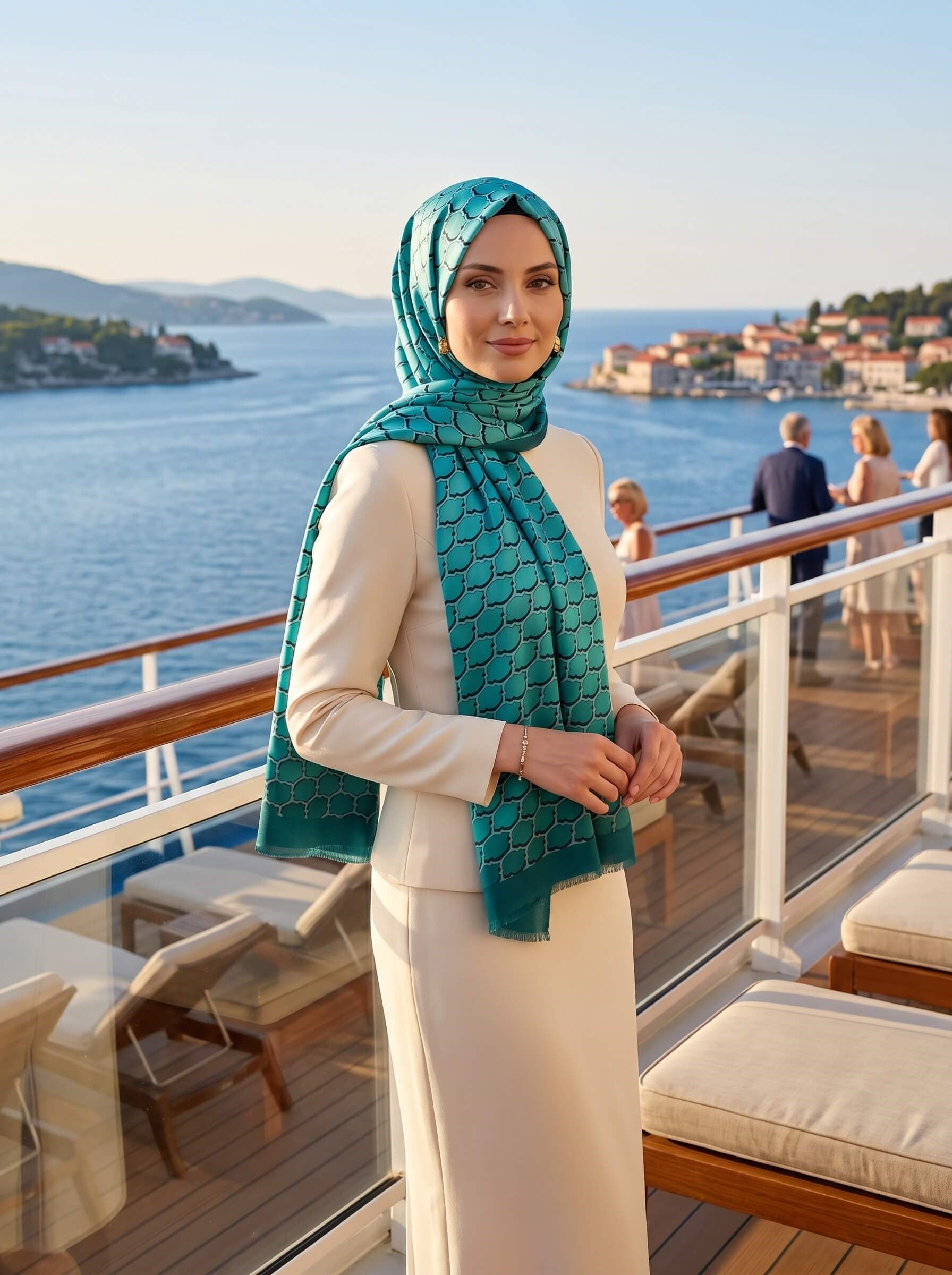 %100 Saf İpek Şal İnce Saten Vual Dokuma Petek Desenli Zümrüt Yeşili - Su Yeşili Renkli 90x210 Şal