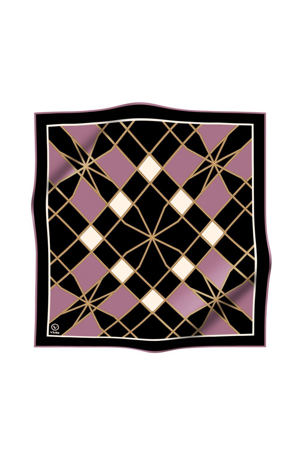 Twill Gold Detaylı Geometrik Çiçekli Desenli Lila Renkli 90x90 Eşarp (İpek İçermez) Kenar Dikiş Şekli El Dikişli