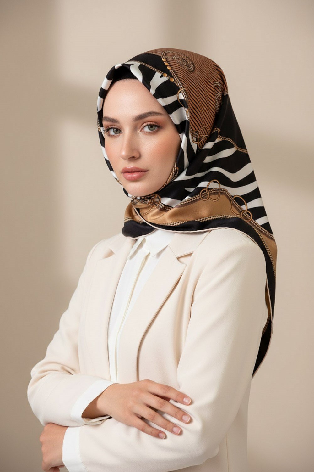 %100 Twill İpek Zincirli Ve Zebra Desenli Bej - Siyah Renkli 90x90 Eşarp Dikim Şekli : El Dikişi