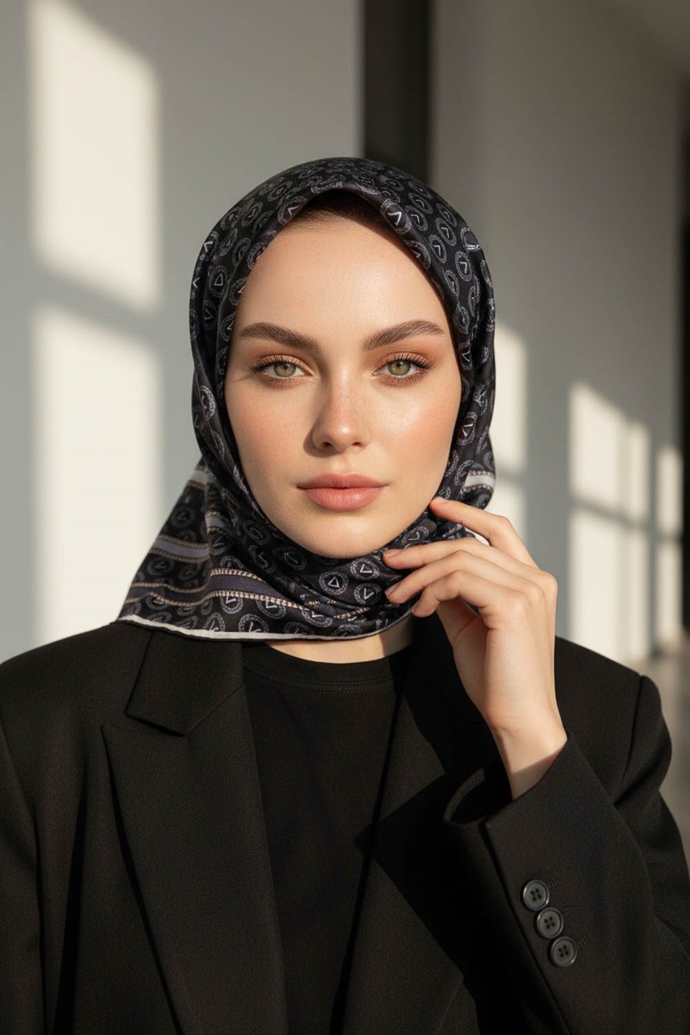 %100 Twill İpek Monogram Desenli Siyah - Gri Renkli 90x90 Eşarp Dikim Şekli : El Dikişi