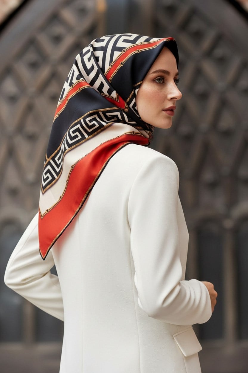 %100 Twill İpek Labirent Ve Geometrik Desenli Kırmızı - Siyah Renkli 90x90 Eşarp Dikim Şekli : El Dikişi