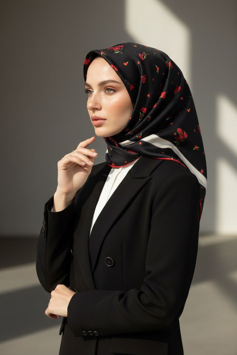 100% Twill İpek Bordürlü Çıtır Çiçek Desenli Siyah - Kırmızı Renkli 90x90 Dikim Şekli : El Dikişi Eşarp