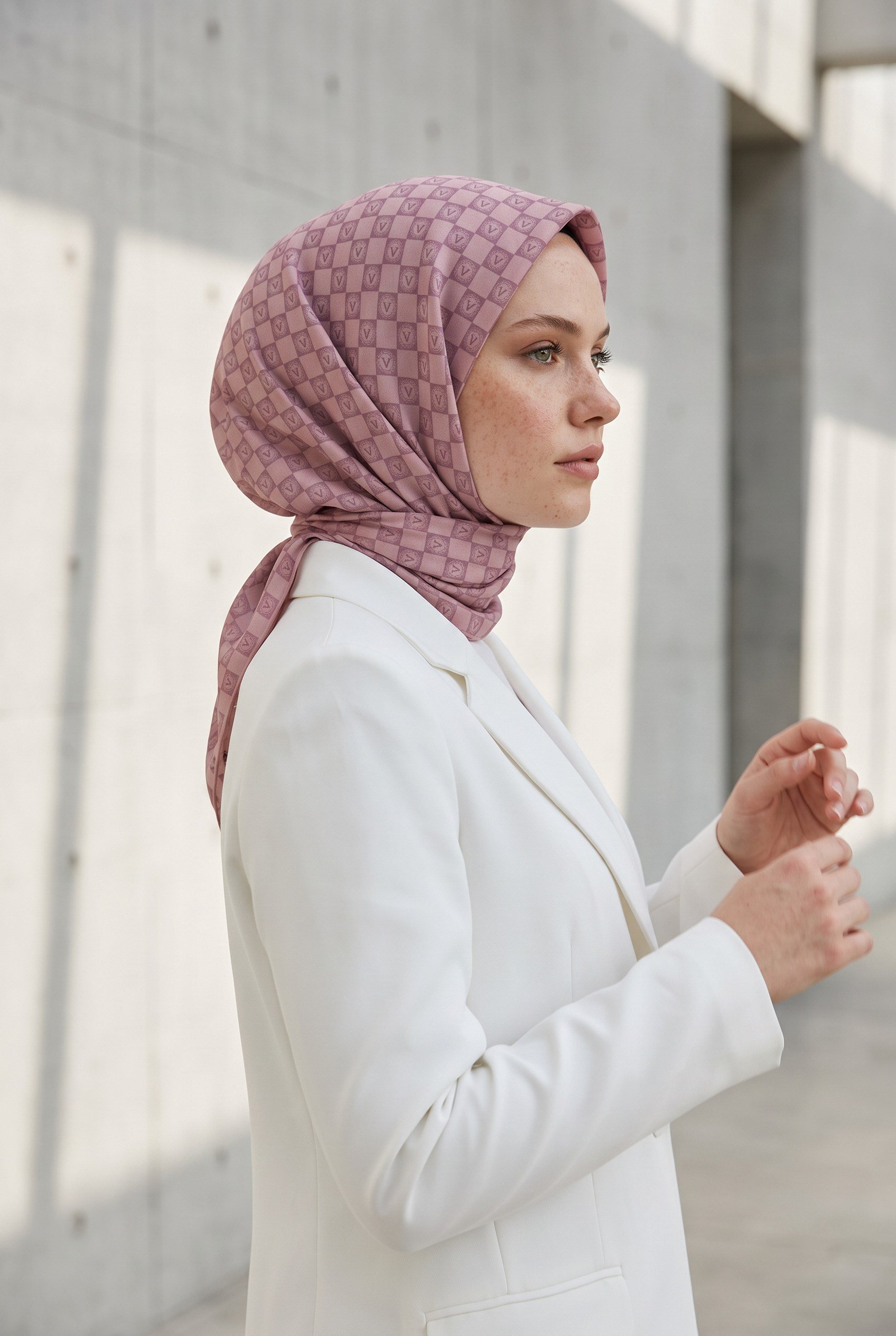 %100 Twill İpek Monogram Desenli Pudra Renkli 90x90 Eşarp Dikim Şekli : El Dikişi