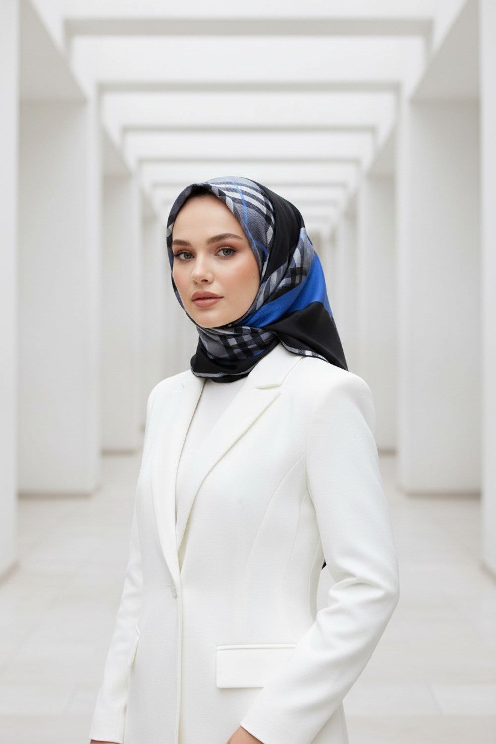 %100 Twill İpek Eşarp 90x90 Saks Siyah Ekose Desenli El Dikişli Kadın Eşarp