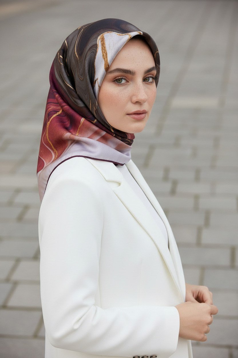 %100 Twill İpek Batik Desenli Bordo - Füme Renkli 90x90 Eşarp Dikim Şekli : El Dikişi